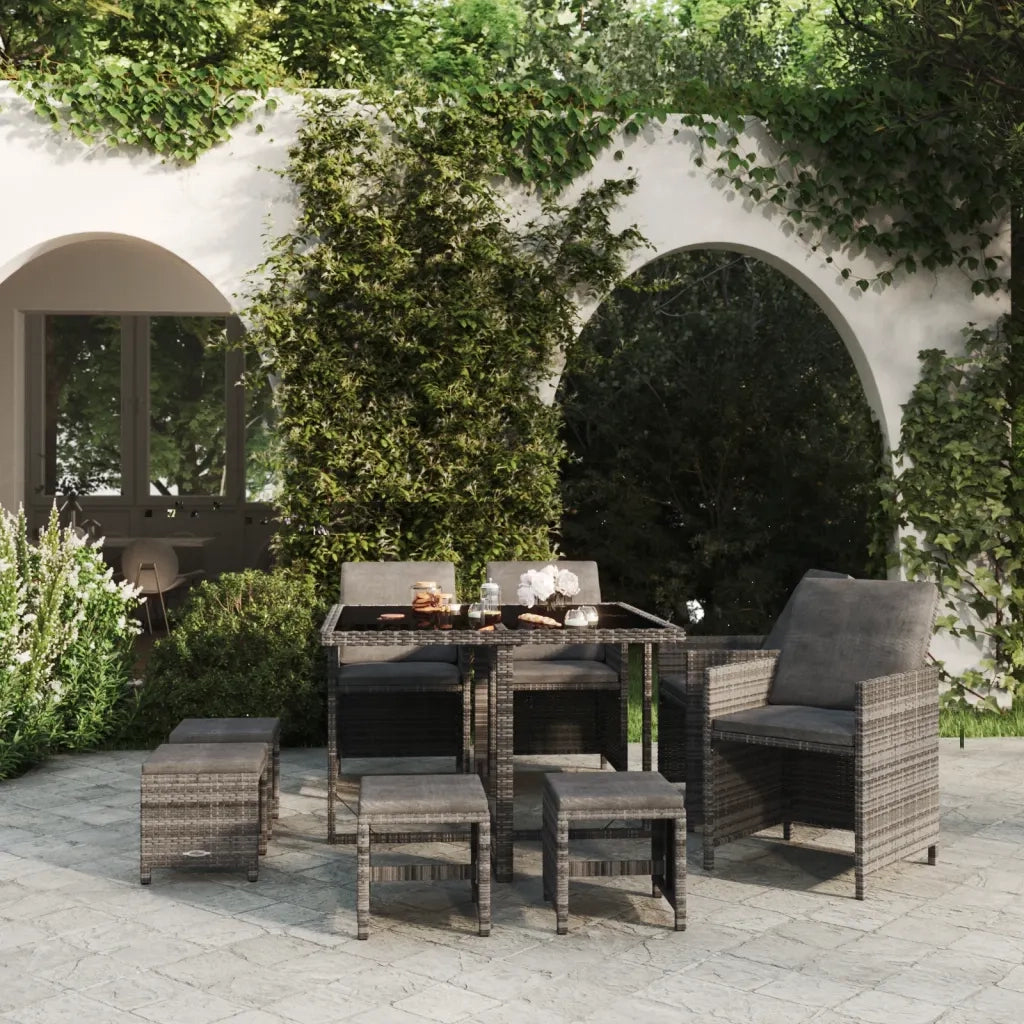 Set Pranzo da Giardino 9 pz con Cuscini in Polyrattan Grigio 3095511