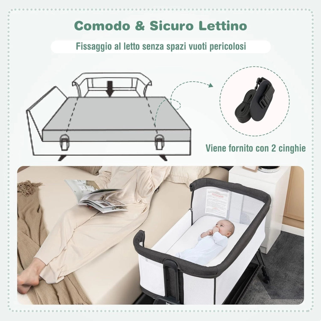 Lettino per Neonati, Culla Portatile Pieghevole con Ripiano Portaoggetti, 7 Altezze Regolabili, Materasso e Borsa per Trasporto (Grigio Scuro)