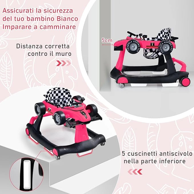 Girello per Bambini 4 in 1, Girello Pieghevole con Altezza e Velocità Regolabili, Carillon con Luci, Volante, Primi Passi per Bambini 6-18 Mesi, Portata 15 kg (Profondo Rosso)