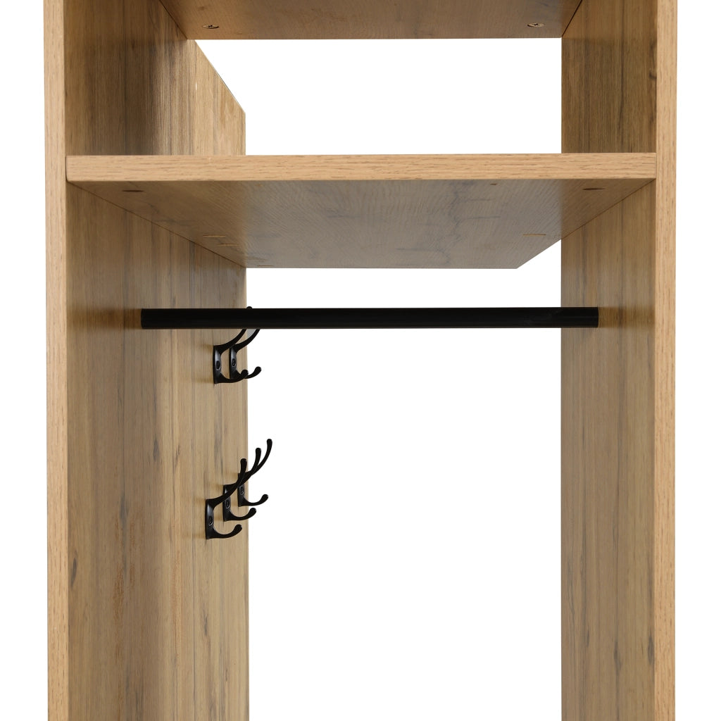 Set guardaroba da ingresso con specchio, 5 ganci appendiabiti, scarpiera e panca, 191x100x38 cm, nero e naturale