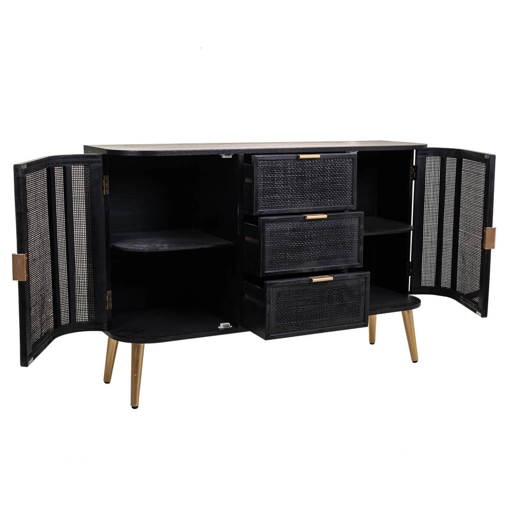 Credenza legno e rattan nero e oro 115x35x80cm