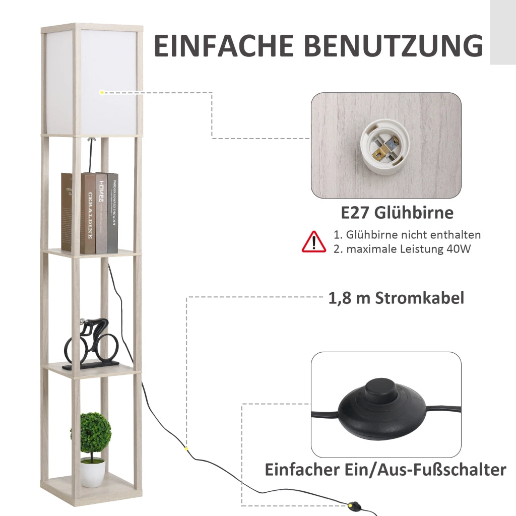 Lampada da terra con 3 ripiani, illuminazione per interni, E27, fino a 40W, E1-MDF, acrilico, rovere+bianco, 26x26x160 cm