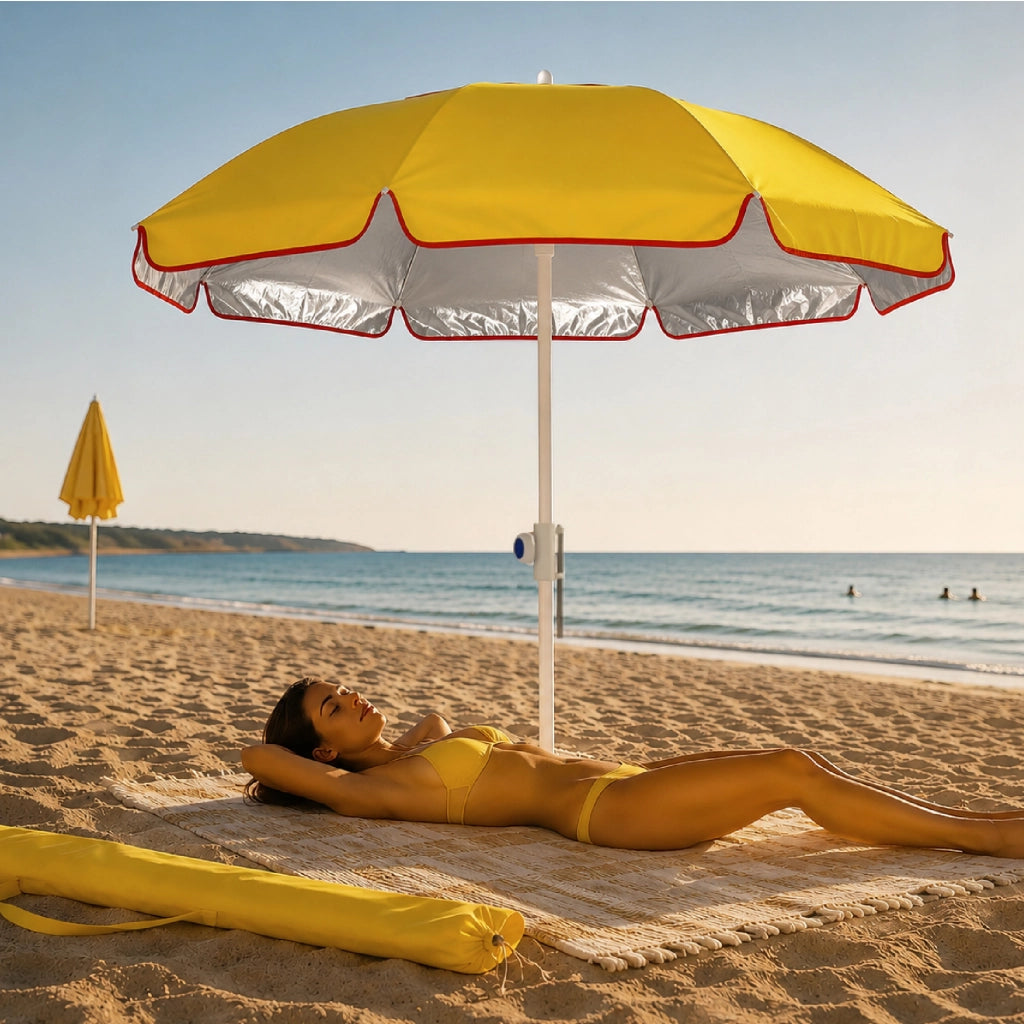 Ombrellone Mare Maxi 220 cm con Protezione UV, Palo a Vite e Inclinazione Regolabile, Parasole da Spiaggia con Presa d'Aria Antivento, Stecche Resistenti e Custodia Trasporto Giallo