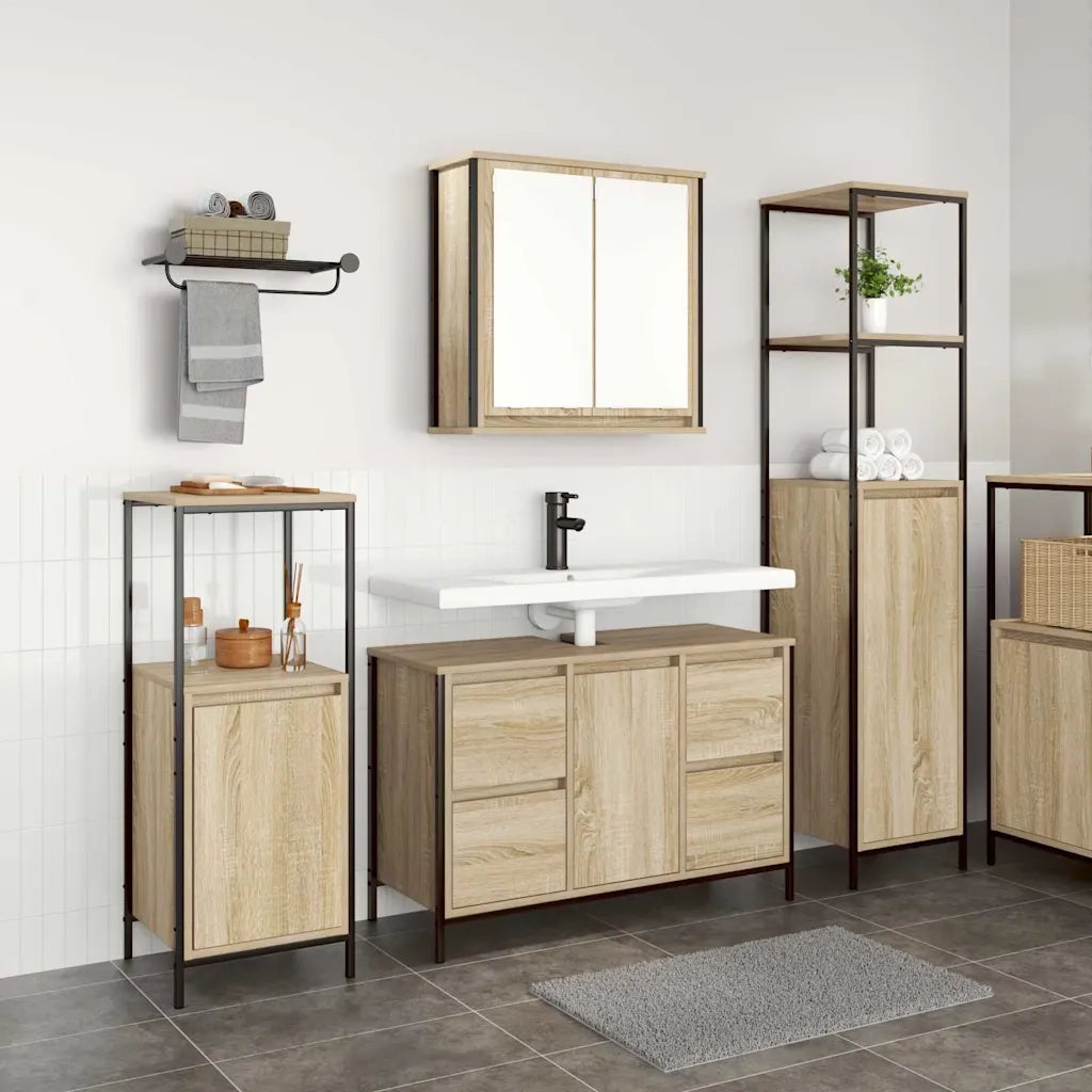 Set di mobili per il Bagno | Armadio da bagno con porta 3 pz Rovere Sonoma e Nero