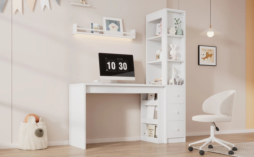 Scrivania lineare con libreria, 3 cassetti e mobile laterale, per studio e lavoro, bianco