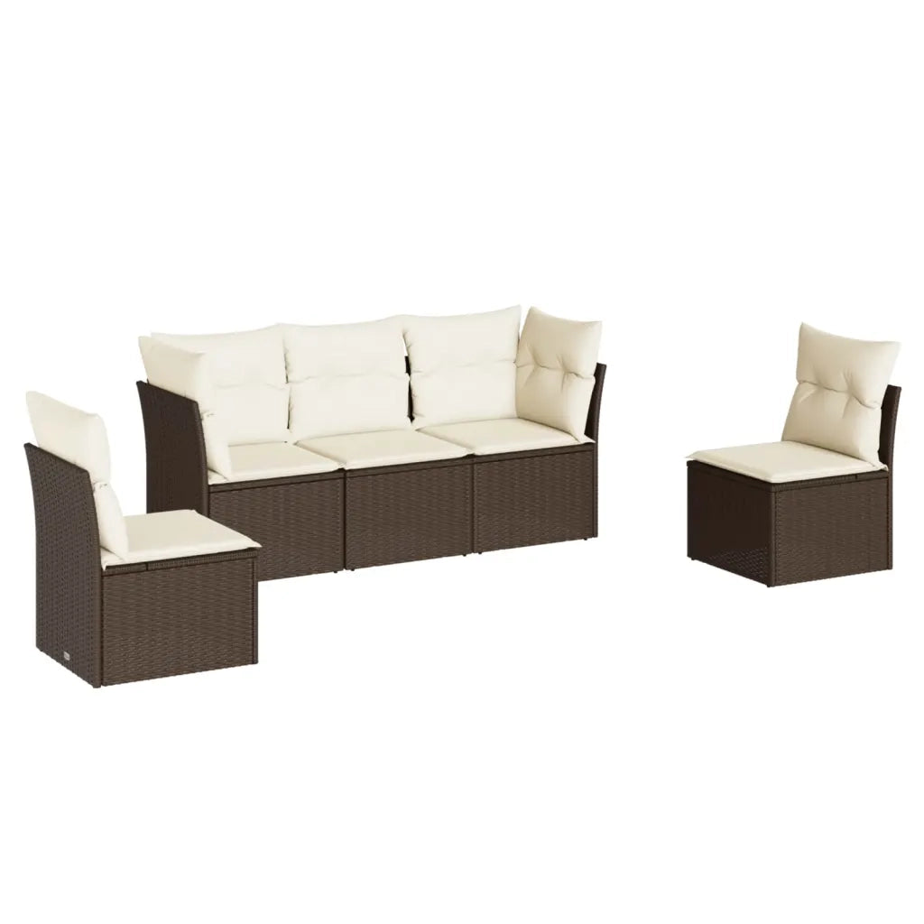 Set Divano da Giardino 5 pz | Set Salotto da Giardino con Cuscini Marrone in Polyrattan