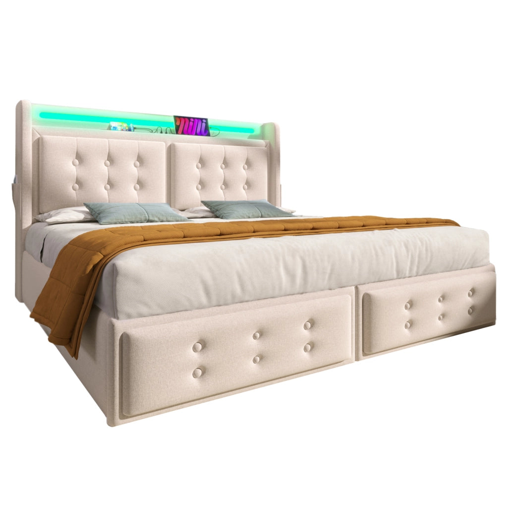 Letto imbottito 160x200 cm con LED; USB e 4 cassetti in cotone lino grigio/beige