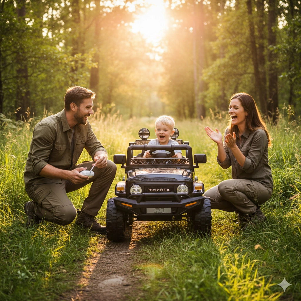 Macchina Elettrica per Bambini Fuoristrada Toyota Fj Cruiser 12V Telecomando Ruote in Gomma e Sedile in Pelle Nero e