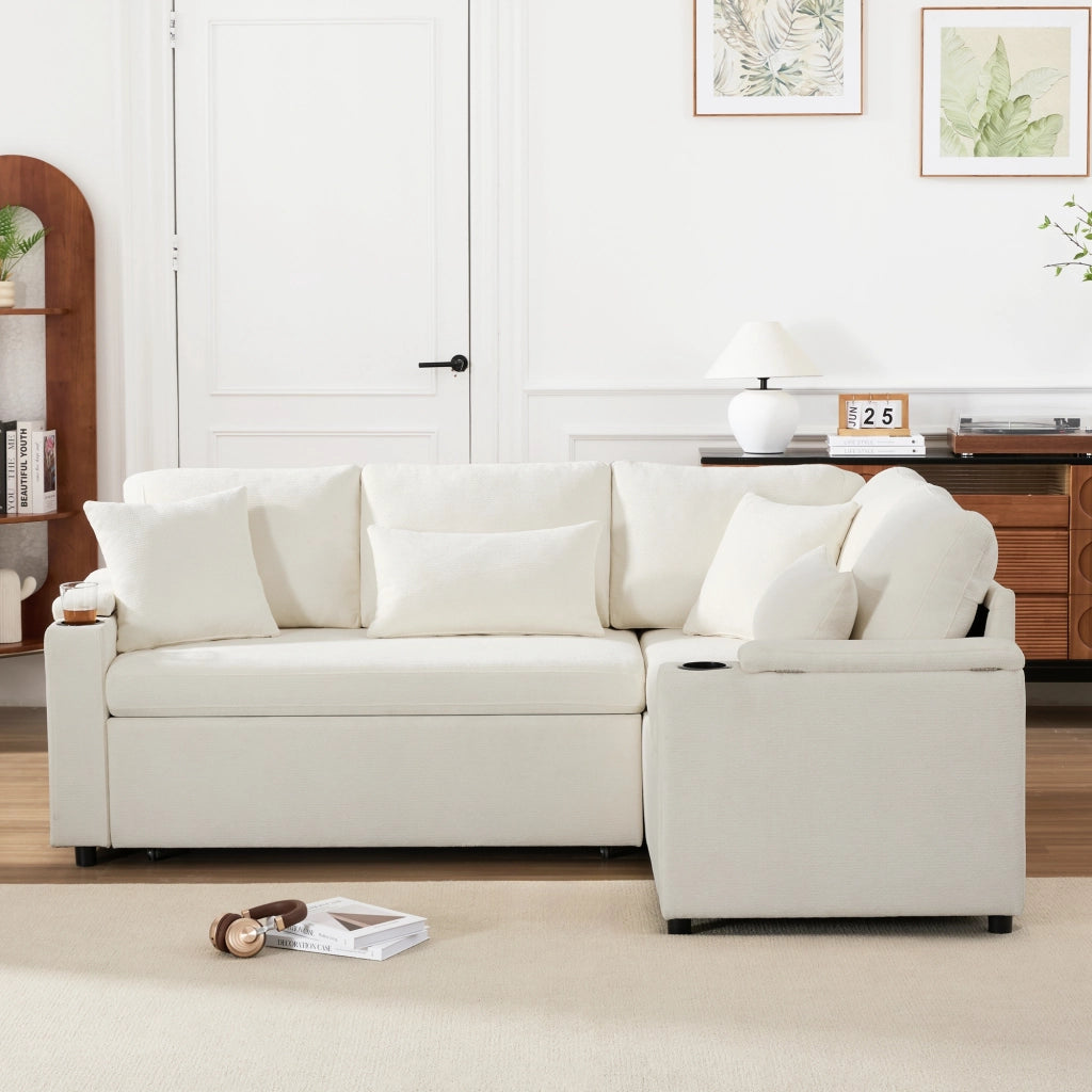 Divano angolare convertibile con contenitore portabicchieri USB e 4 cuscini in chenille beige 206,5 × 141 × 86 cm