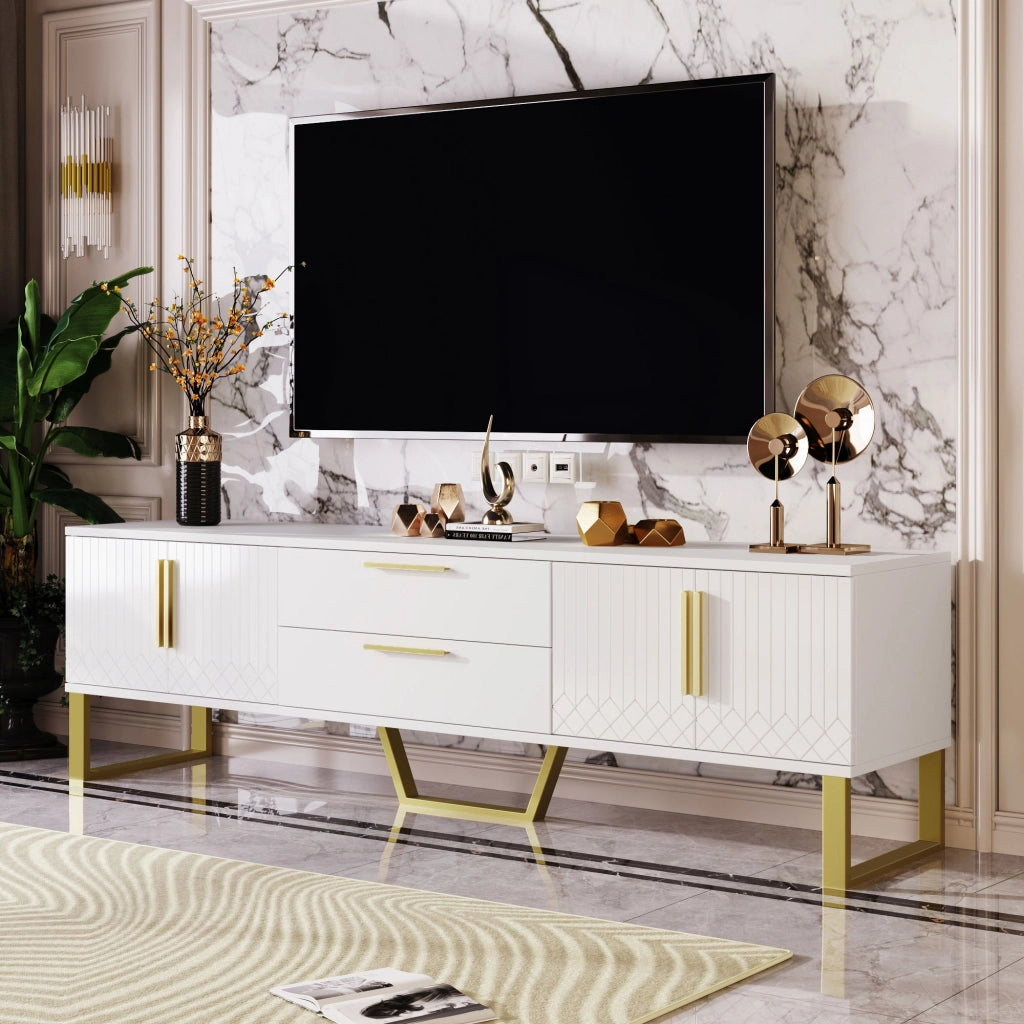 Mobile TV Lucido ¨C MINIMAL ¨C Bianco con Ante Texture, Gambe e Maniglie Dorate
