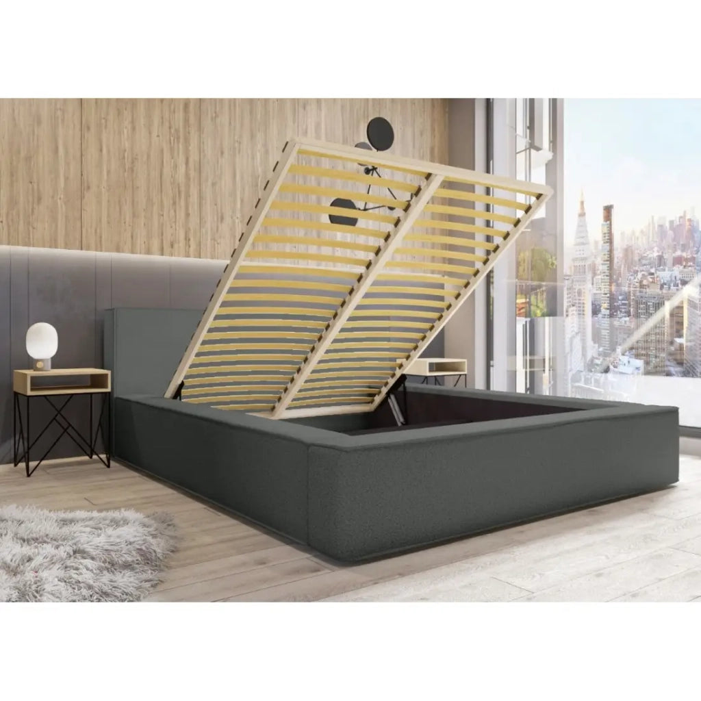 Letto contenitore VELORA – Ardesia bouclé – 160x200 cm – Tessuto velluto morbido – Rete sollevabile – Spazio di stoccaggio integrato