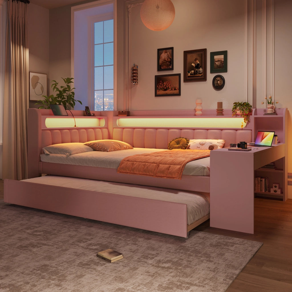 Letto a Divanetto 140x200 cm - USB; LED; con Letto Estraibile e Scrivania - Rosa