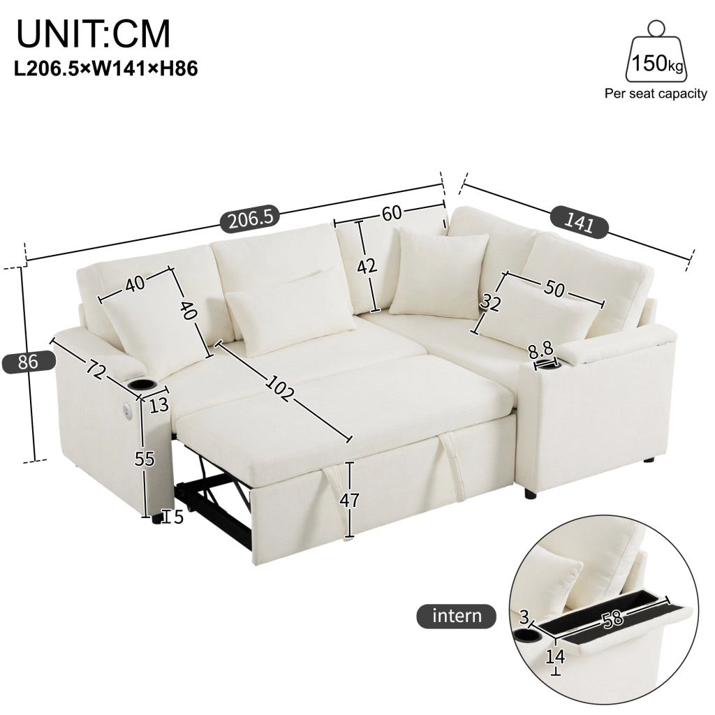 Divano angolare convertibile con contenitore portabicchieri USB e 4 cuscini in chenille beige 206,5 × 141 × 86 cm