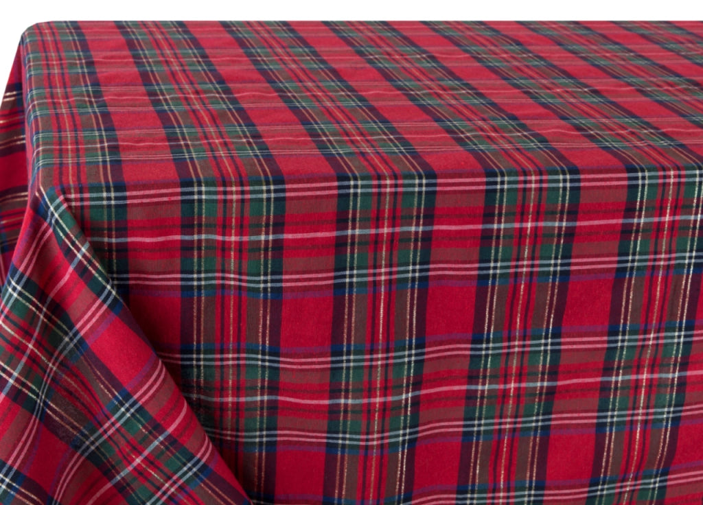 Tovaglia Cucina Soggiorno Misto Cotone Fantasia Tinto In Filo Con Lurex Mod. Natalina Scozzese - 140x140cm - Rosso