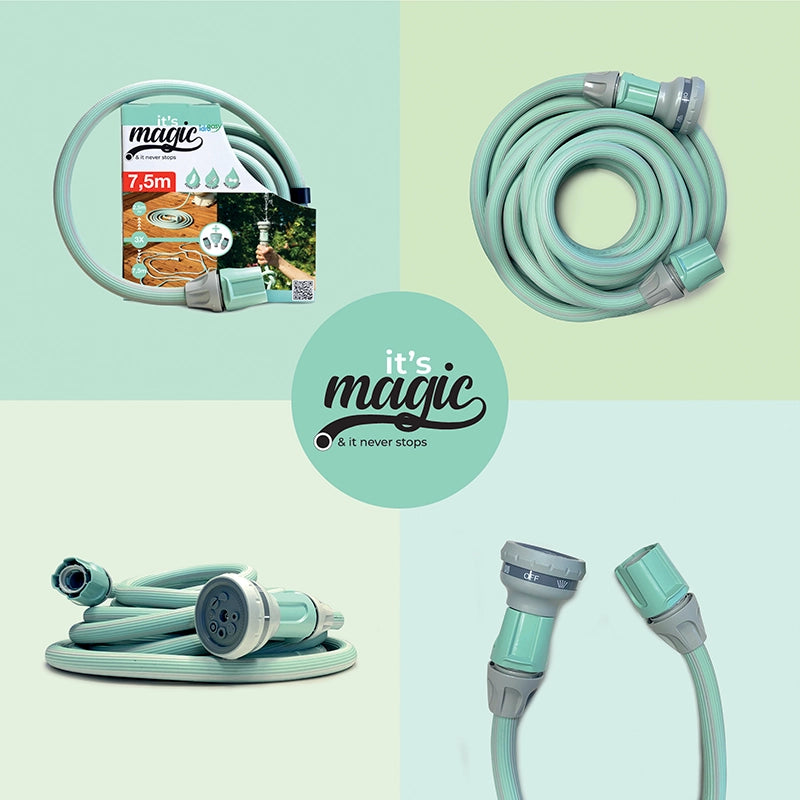 Idroeasy, Tubo Estensibile da Giardino 7,5 Metri con Doccetta 6 Funzioni e Raccordi, Tubo Giardino 1/2” Antitorsione e Antinodo,Estensibile Fino a 3 Volte la Sua Lunghezza Iniziale, Made In Italy