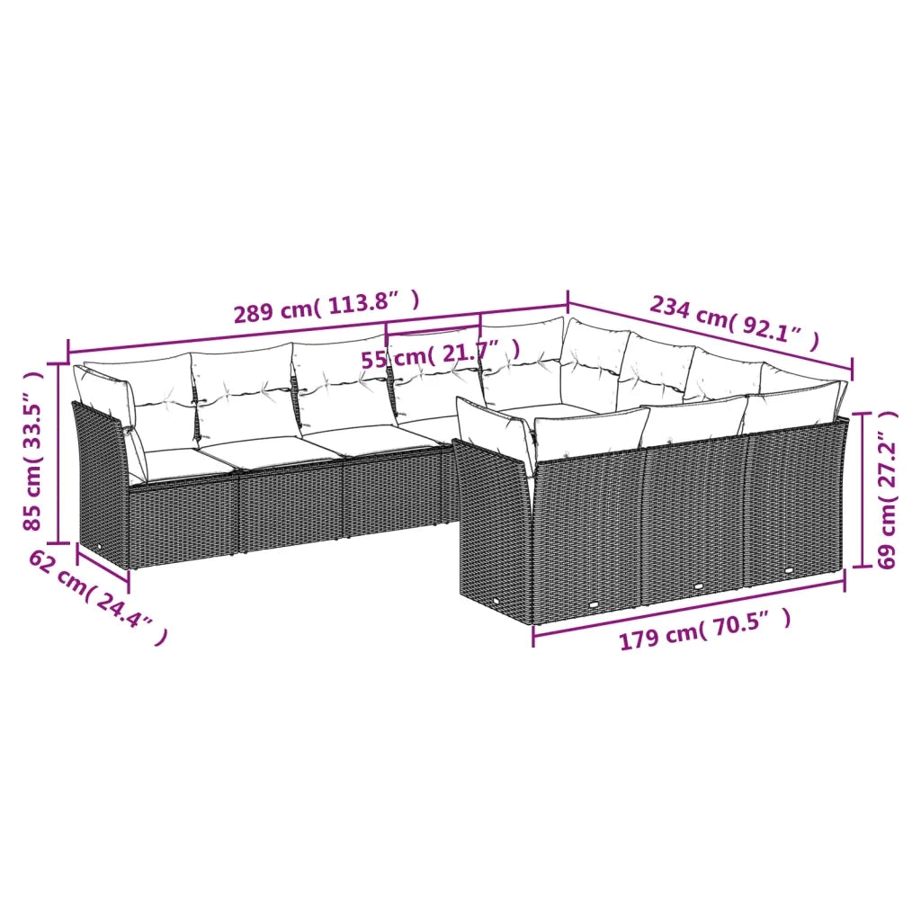 Set Divani da Giardino 10pz con Cuscini in Polyrattan Nero 3250054