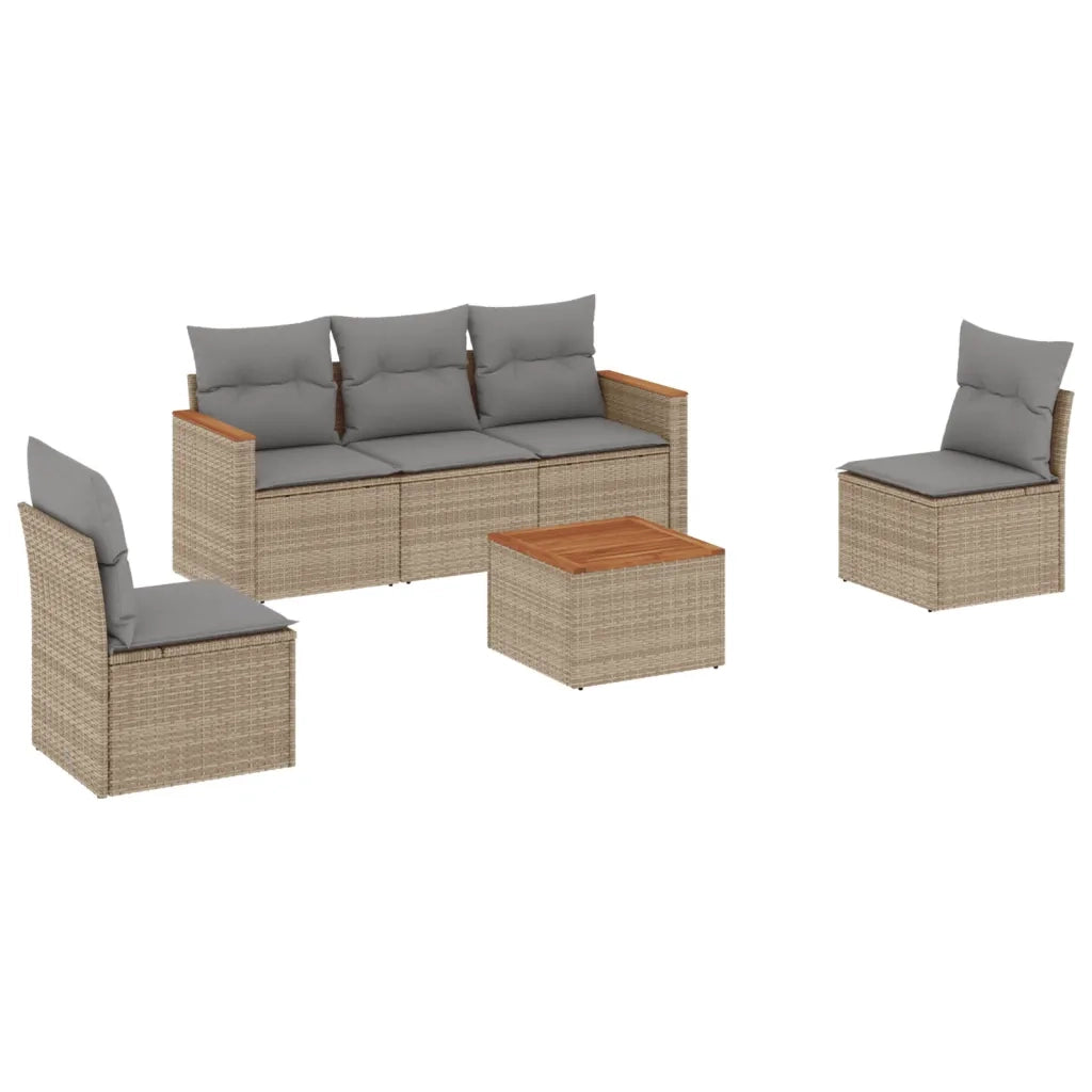 Set Divano da Giardino 6 pz con Cuscini Beige Misto Polyrattan