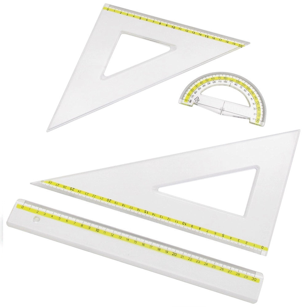 Trade Shop - Set Scuola Disegno Con Righello Riga + Goniometro 180° + Squadrette 45° 60° -