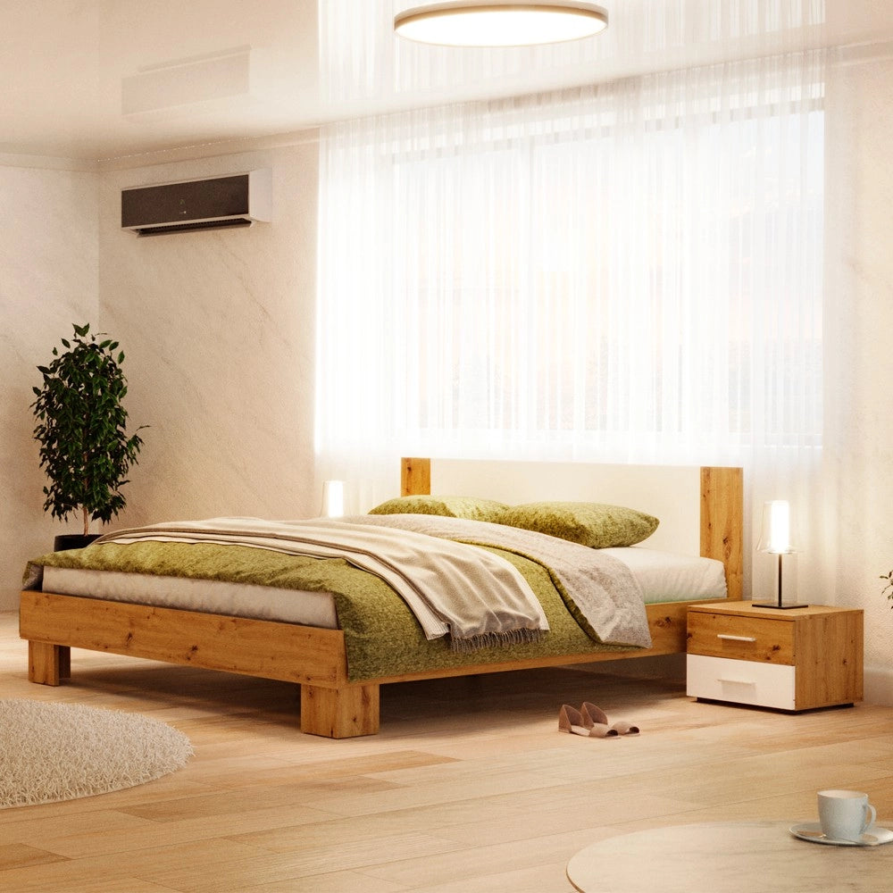 Letto matrimoniale Meria 180x200 con comodini integrati bianco e rovere