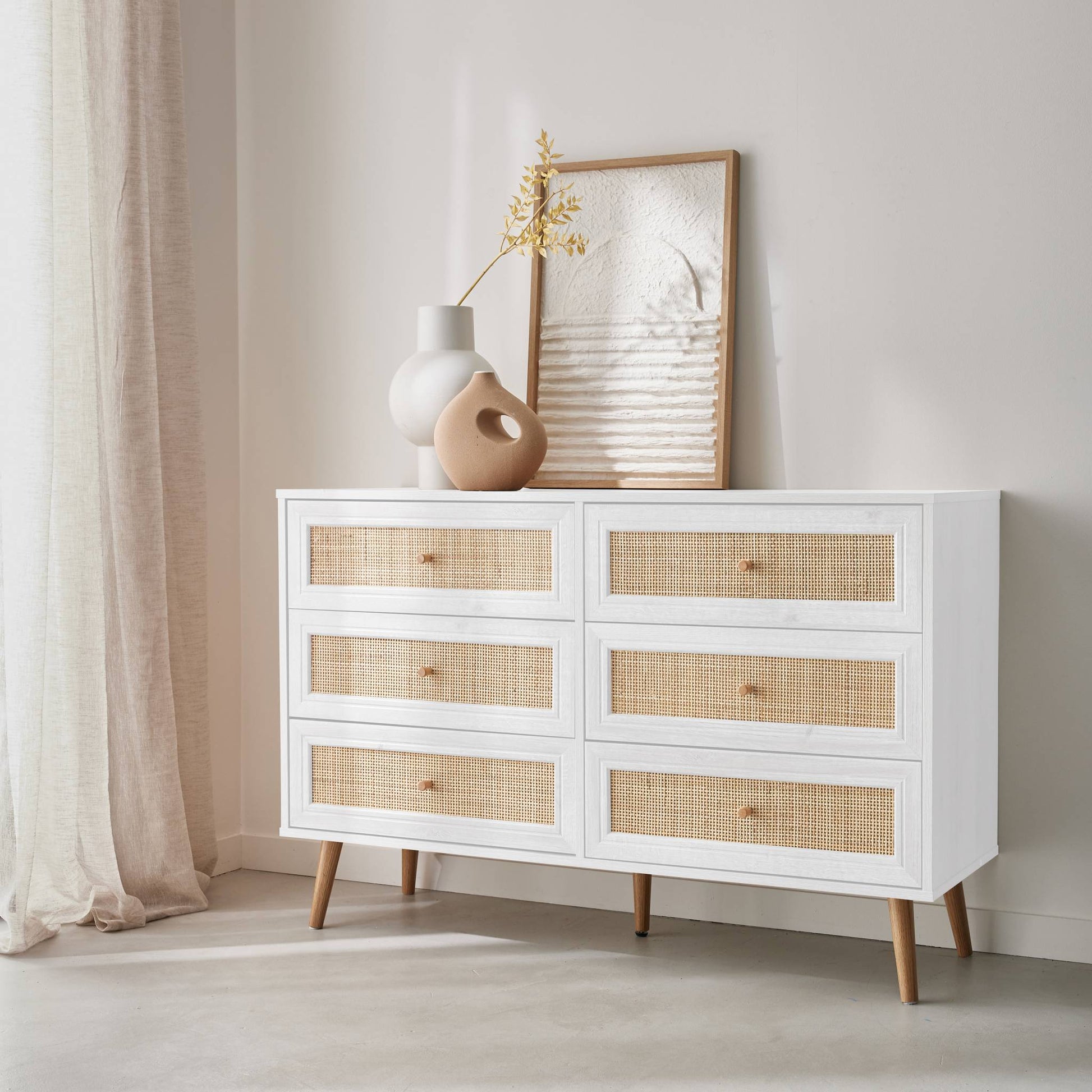Cassettiera effetto legno e canna a 6 cassetti, bianco