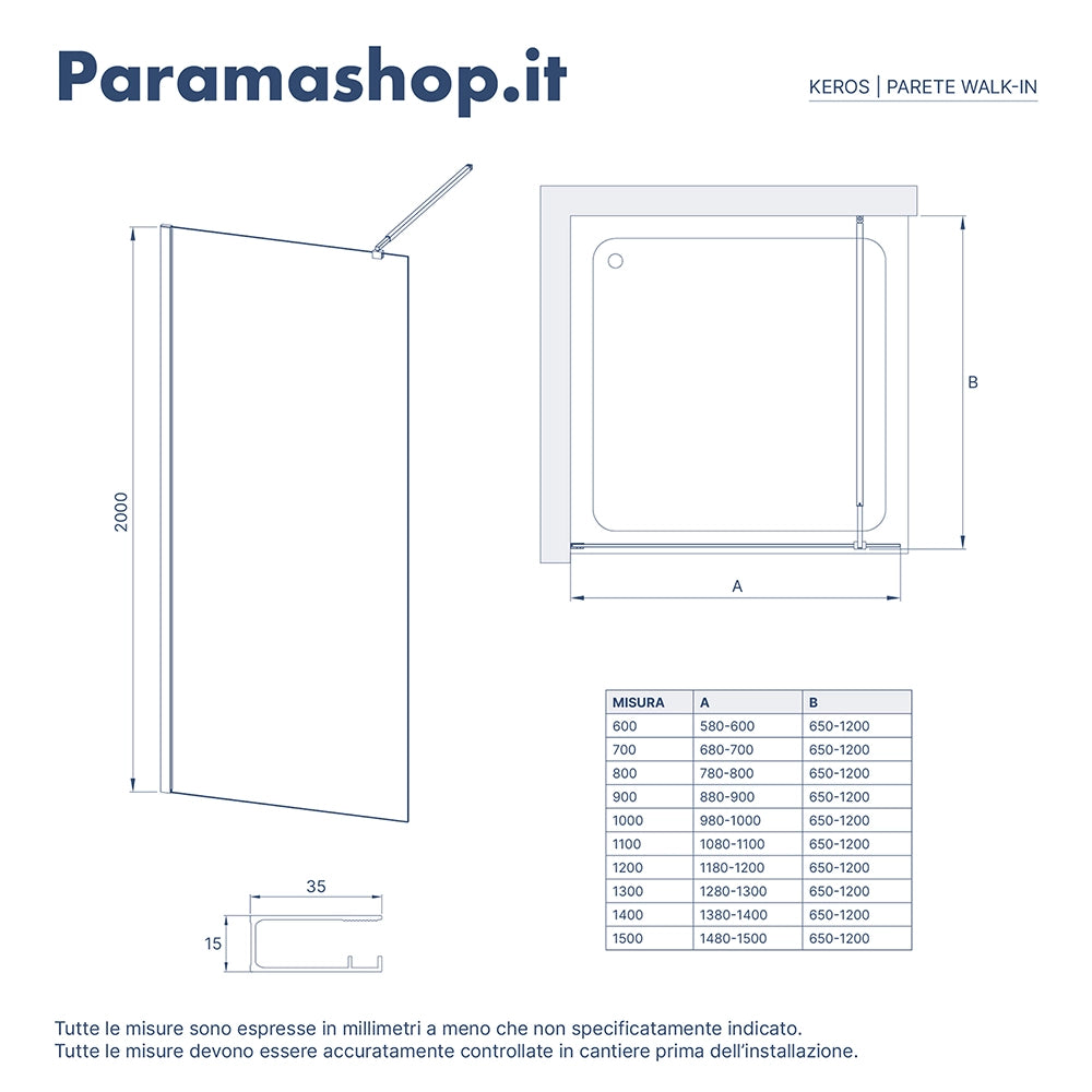 Doccia walk-in 110 cm vetro 8mm anticalcare trasparente h200 profili cromo | Keros