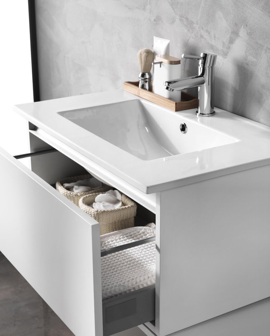 Mobile Bagno 70cm Sospeso Cassetto, Colonna Pensile, Vano a Giorno, Specchio E Lampada - Laccato Bianco Opaco + Tabacco Chiaro