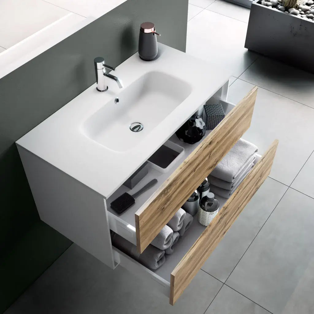 Mobile Bagno 80cm Sospeso Due Cassetti e Specchio - Bianco Opaco