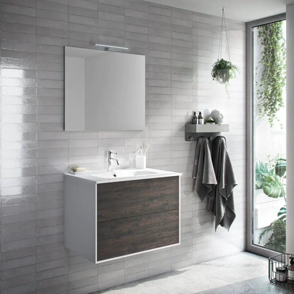Mobile Bagno 60cm Sospeso Due Cassetti e Specchio - Testa di Moro