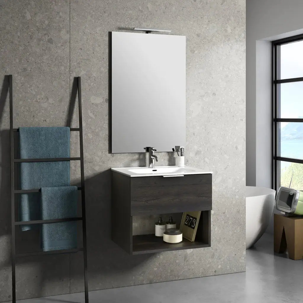 Mobile Bagno 60cm Sospeso Con Cassetto, Vano E Specchio - Testa di Moro