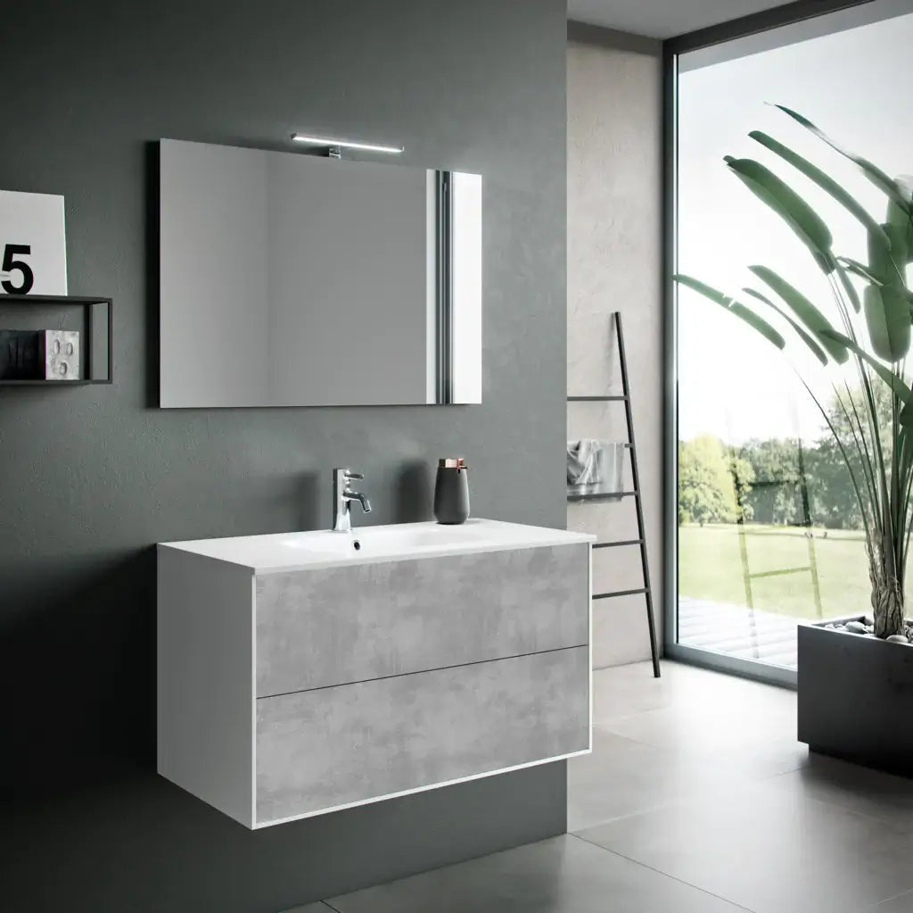 Composizione Mobile Bagno 100cm Sospeso Due Cassetti e Specchio Con Lampada - Cemento
