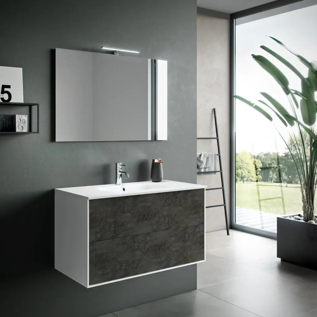 Composizione Mobile Bagno 90cm Sospeso Due Cassetti e Specchio Con Lampada - Ossido