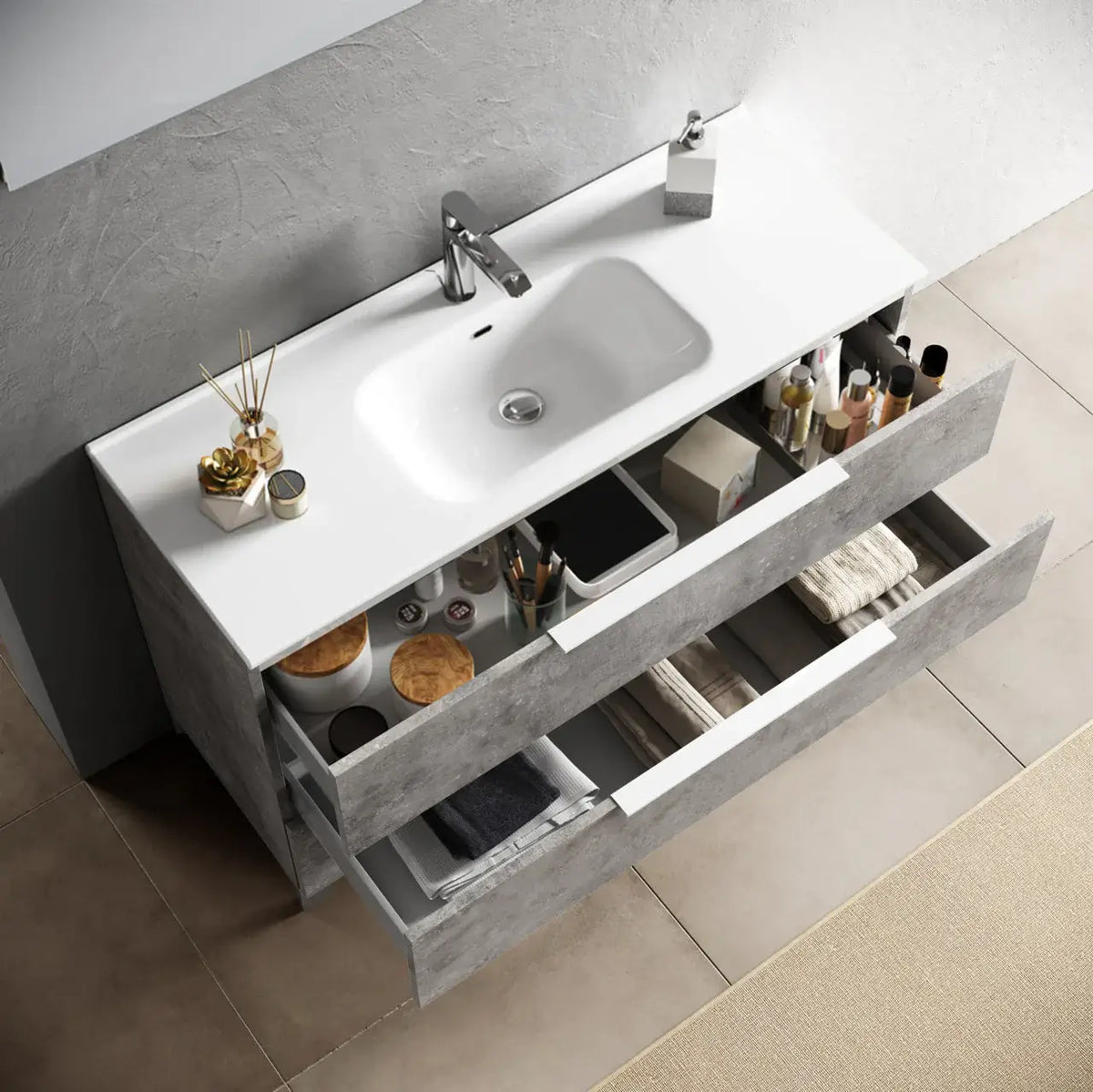 Mobile Bagno 60cm a Terra Con Tre Cassetti e Specchio - Bianco Laccato Lucido
