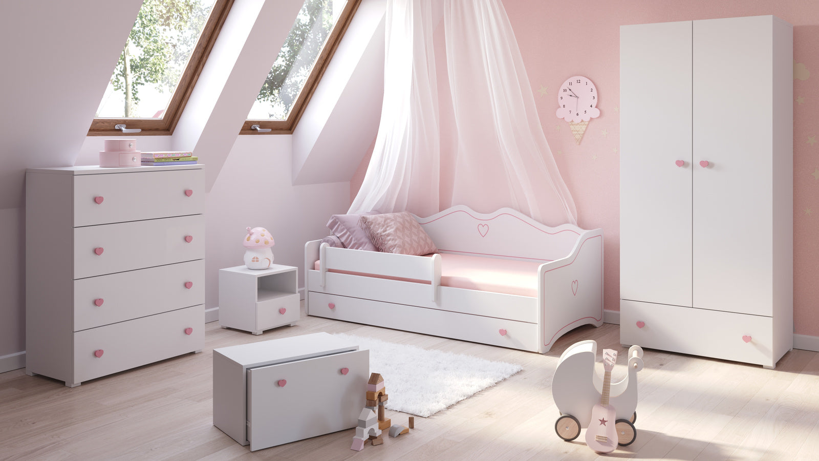 Letto per bambini EMMA 180x80 con materasso - Bianco/Rosa