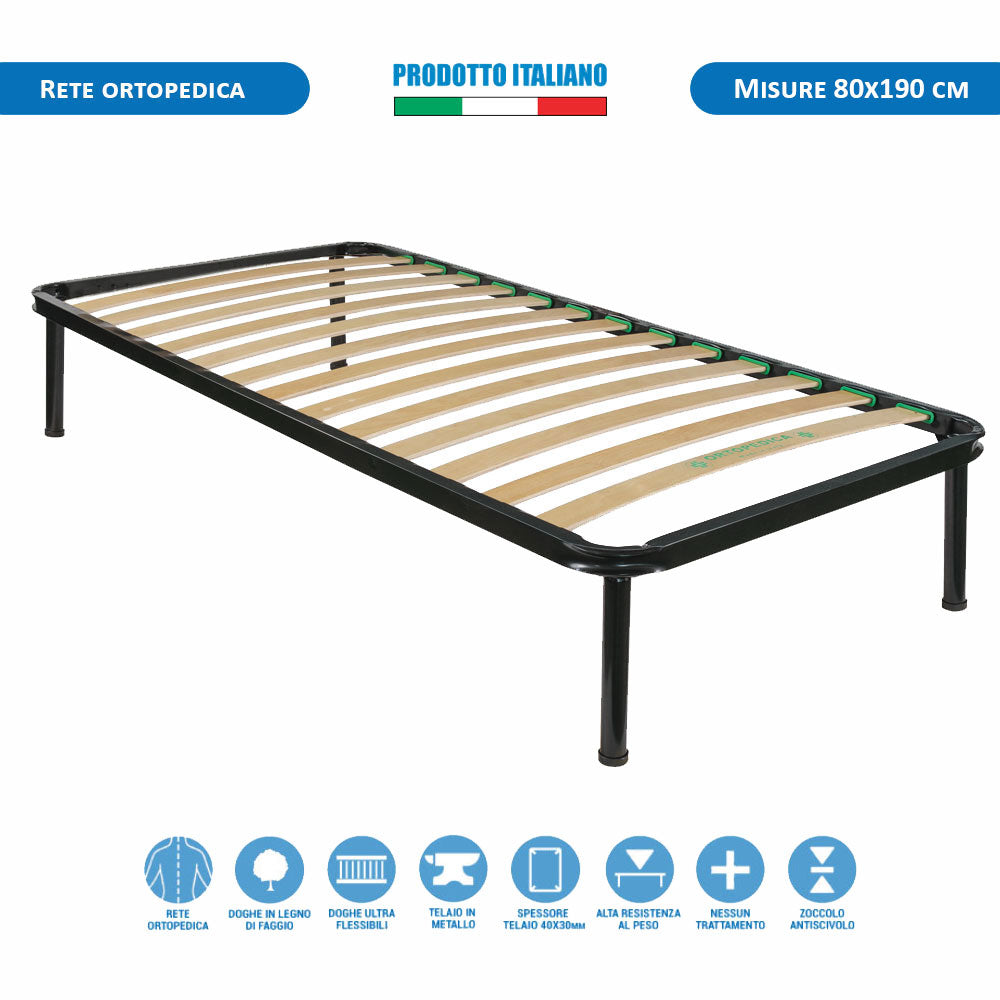 Rete Letto Singola Ortopedica 80x190 in Metallo con Doghe Flessibili in Faggio, letto una piazza - Comprarredo